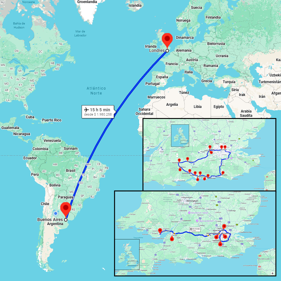 Mapa del vuelo entre Buenos Aires y Londres con detalle del circuito por el sur de Inglaterra