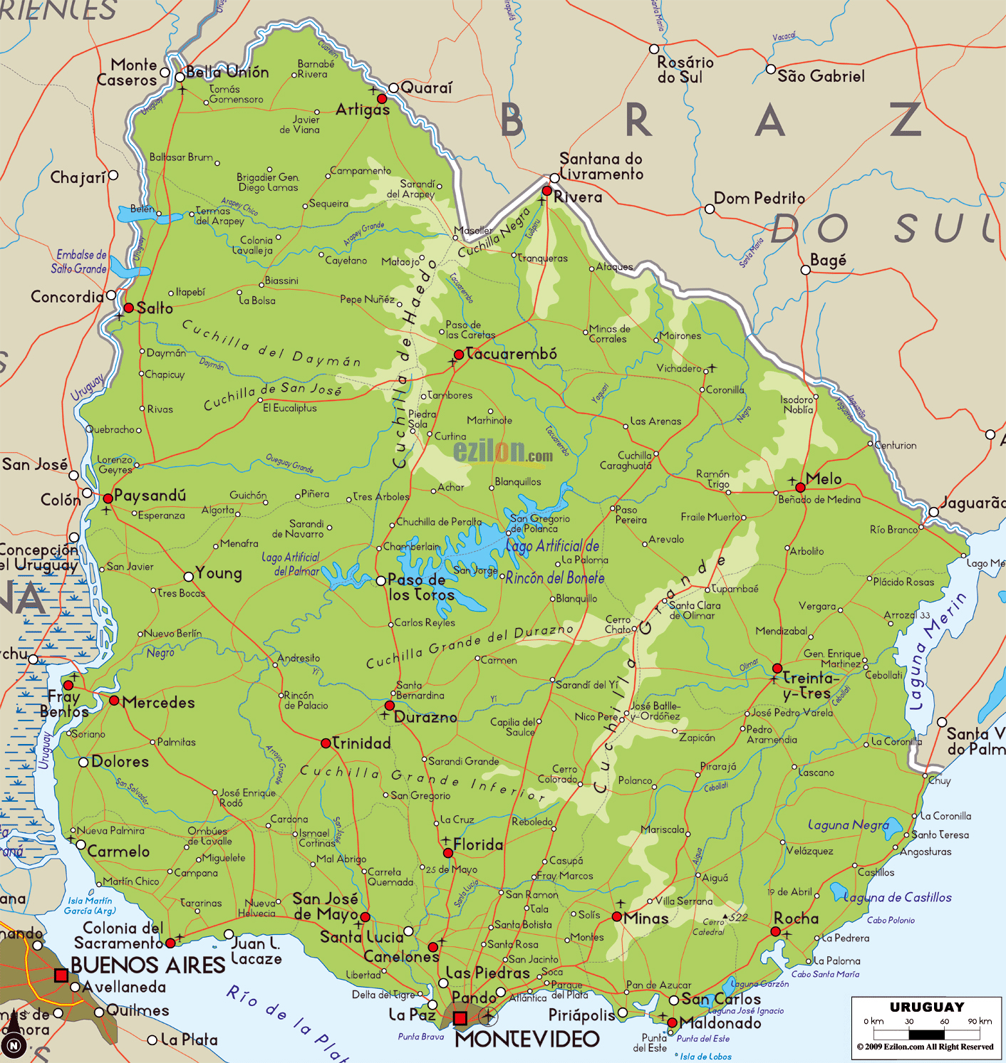 Mapa de Uruguay con sus ciudades principales