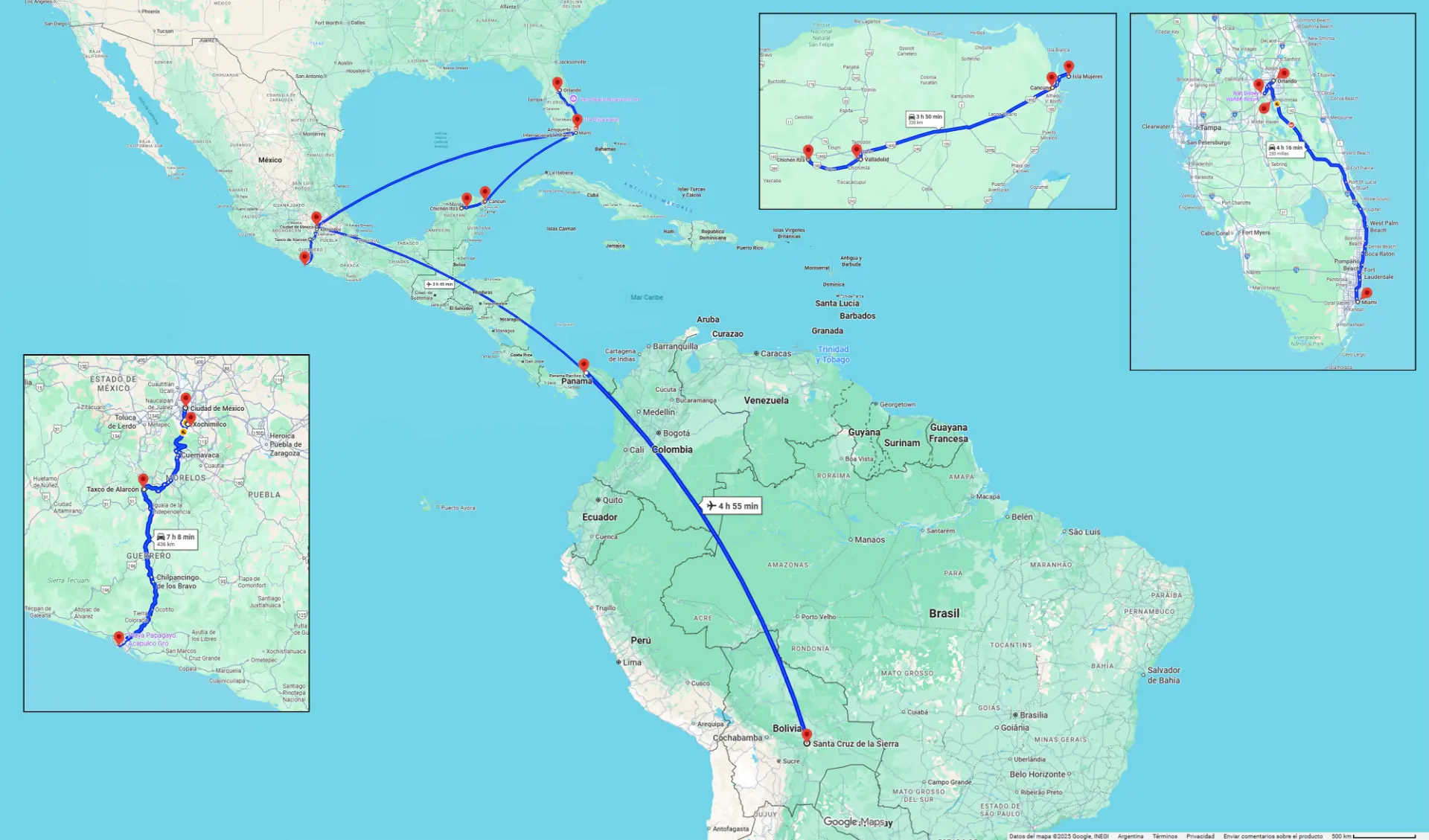 Mapa de rutas de vuelo sobre el continente americano
