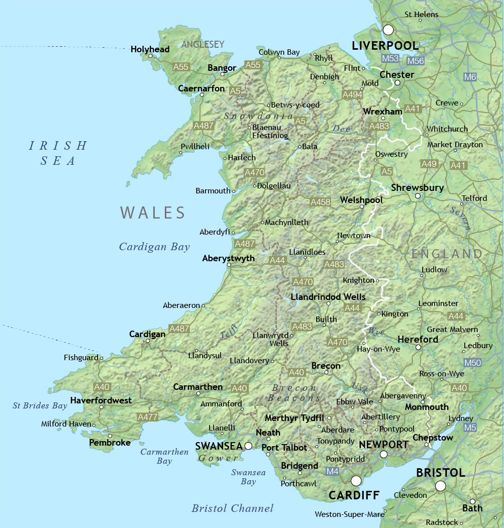 Mapa de Reino Unido · Gales con sus ciudades principales