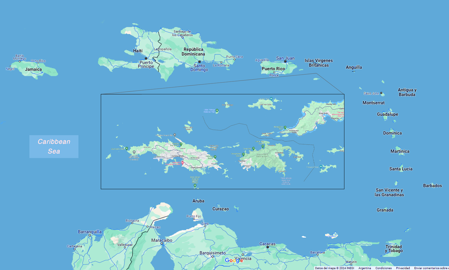 Mapa de Islas Vírgenes con sus ciudades principales