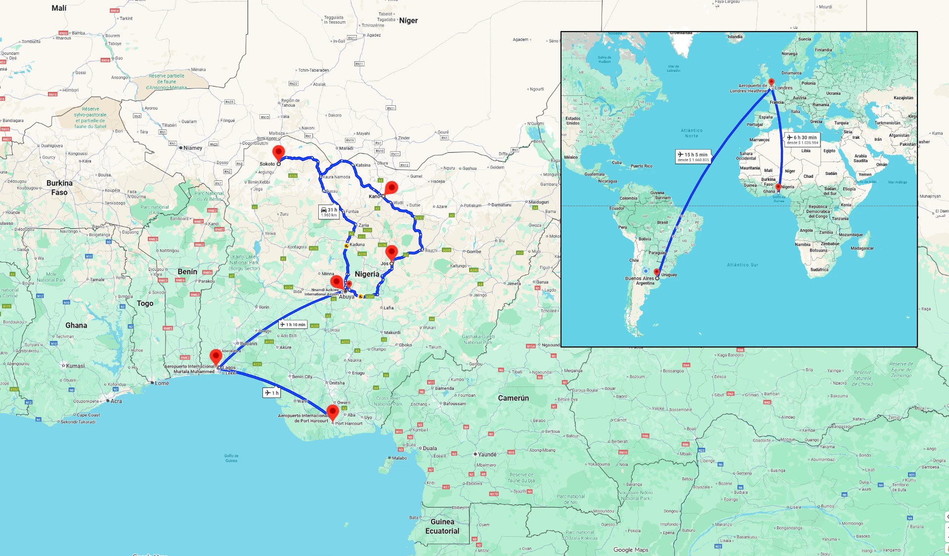 Mapa del recorrido por Nigeria uniendo Sokoto, Kano, Jos, Abuya, Lagos y Port Harcourt