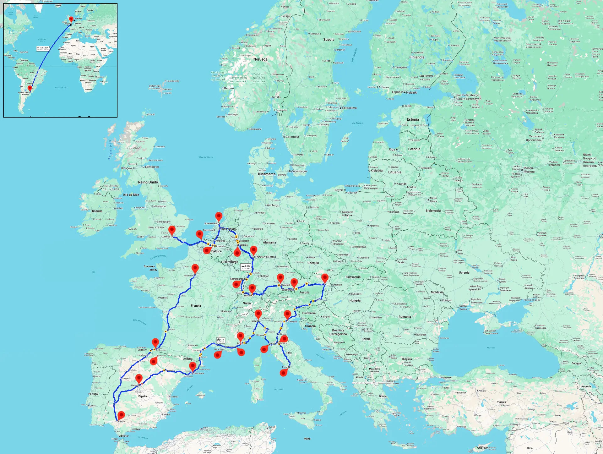 Mapa de rutas trazadas sobre Europa occidental