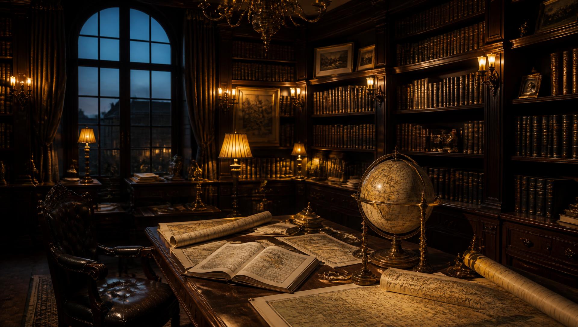 Estanterías de una biblioteca privada en penumbra
