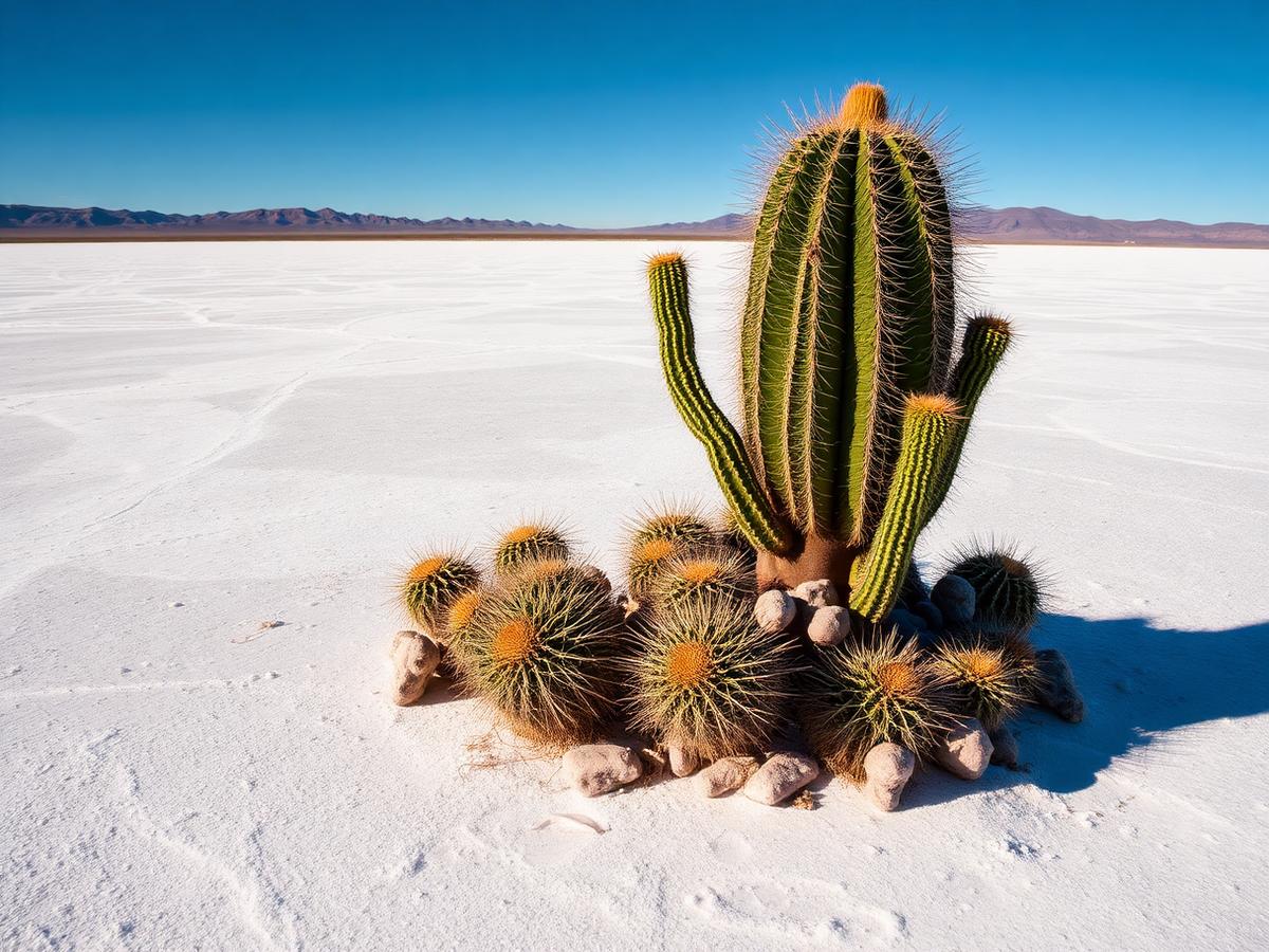 Cactus gigantes sobre isla rocosa en medio del Salar de Uyuni