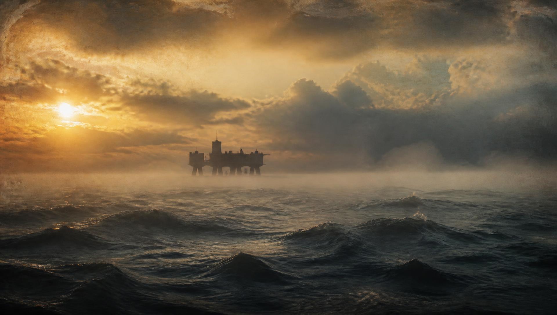 Mar del Norte al amanecer con una fortaleza marina en el horizonte