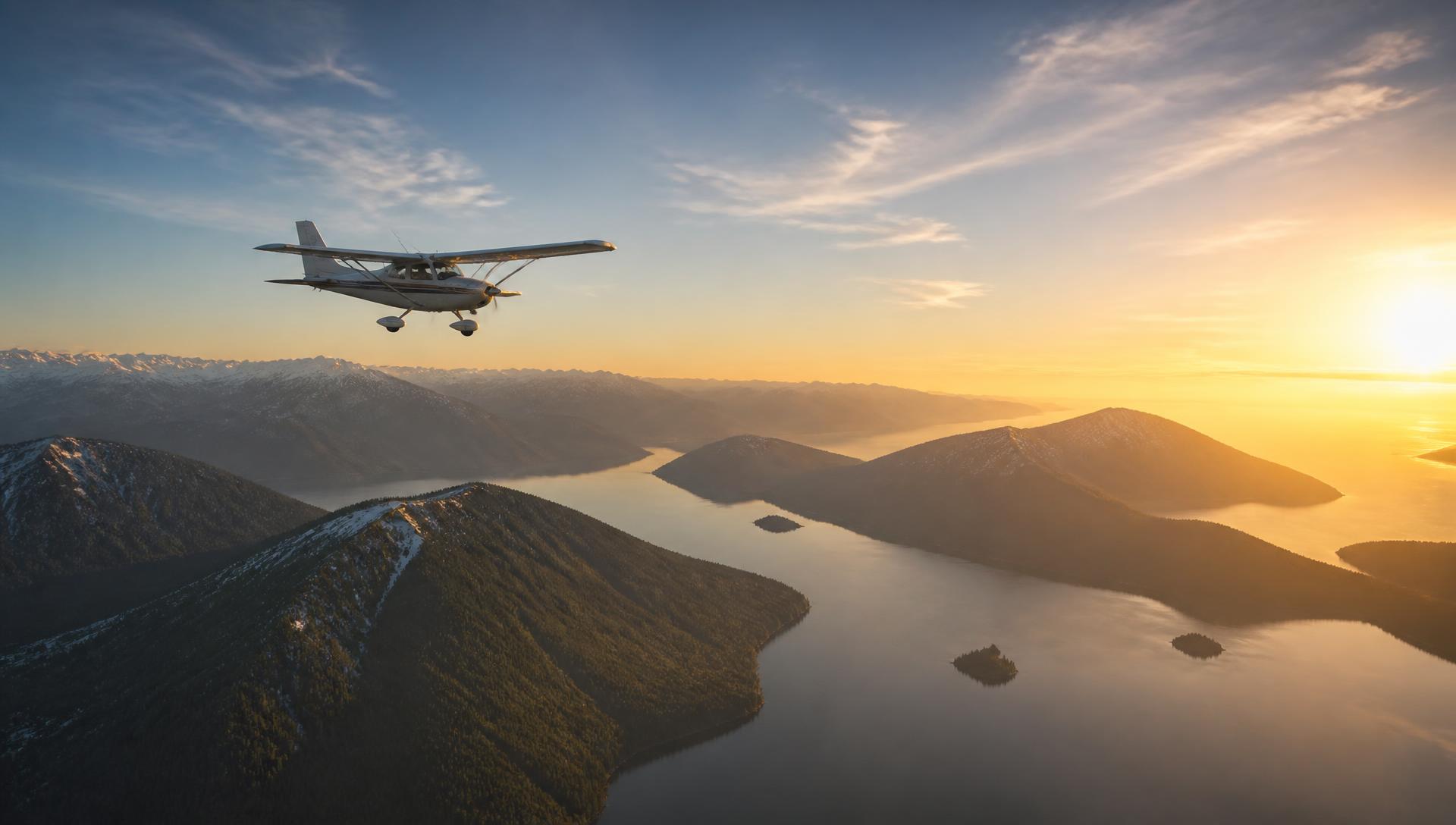 Aeronave liviana sobrevolando lagos y montañas al amanecer