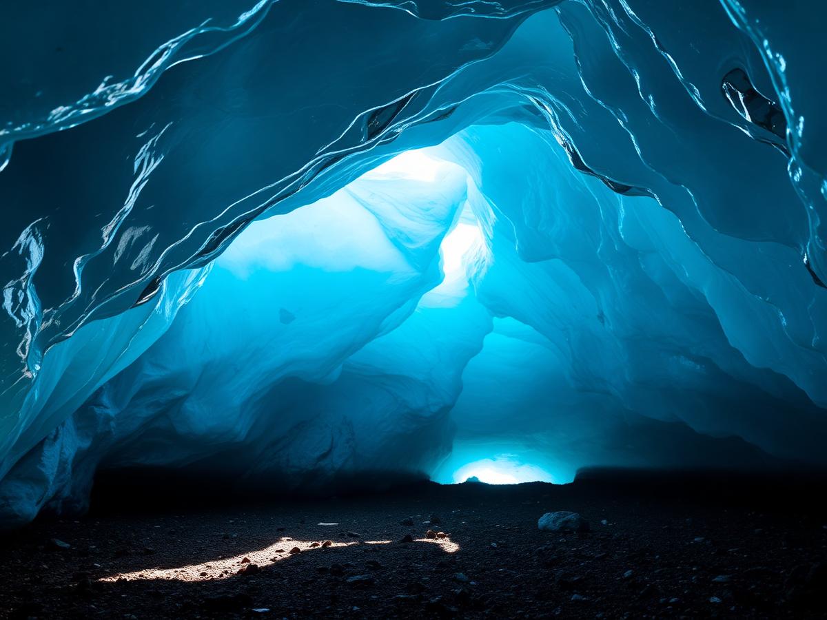 Interior de una cueva de hielo azul en el glaciar Vatnajökull