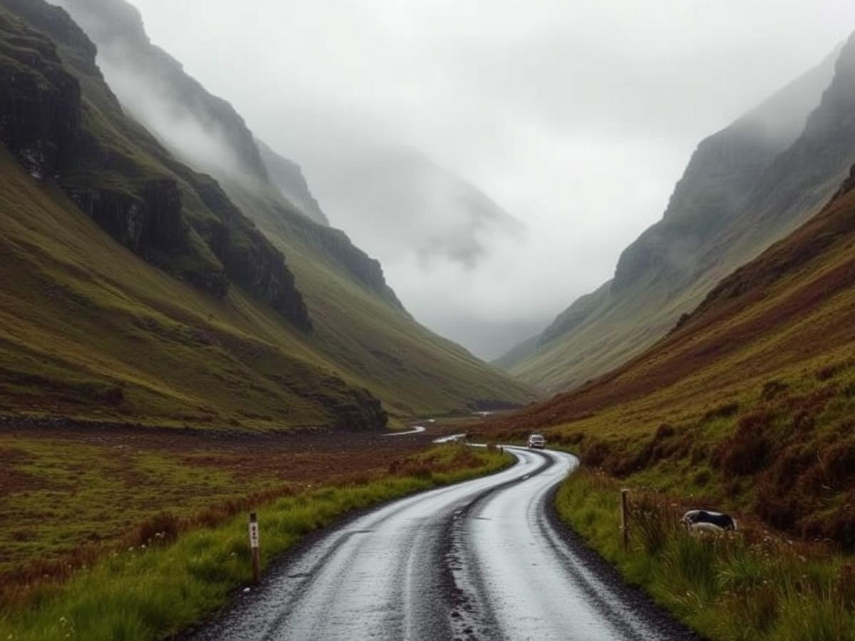 Carretera de un solo carril cruzando el valle de Glencoe con niebla